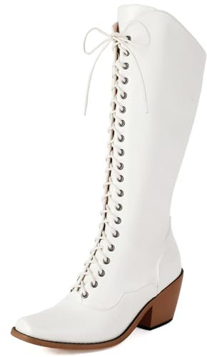Gicoiz Donna Appuntito Knee High Vernice Stivali Militari Cordoncino Alla Schiava Inverno Tacco a Blocco Stivali Esteriore Warm Western Biker Booty Bianco Numero 42 EU-44Cn