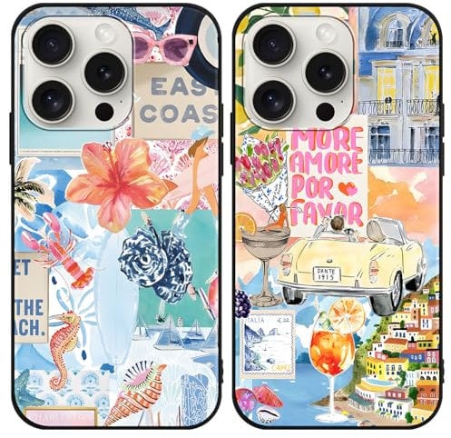 Phoona 2 Pack Cute Case for iPhone 15 Pro 6.1, European Collage Preppy Summer Girly Design Pattern for Girls Women, Slim Soft Silicone Shockproof Bumper Protector Cover, Blue 03