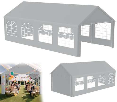 YRHome Premium 4 x 8 m Partyzelt Pavillon mit Seitenteilen Wasserdicht Stabil Winterfest Fenster in Seitenwänden Gartenzelt Großzelt Kompaktzelt Unterstand PE-Dach für Hochzeit Gartenfest Grau