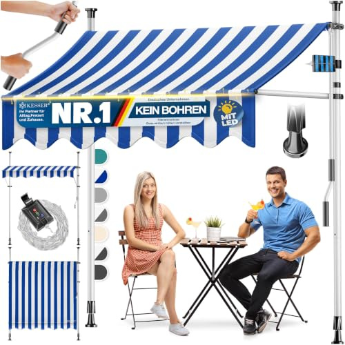 KESSER® Klemmmarkise mit Handkurbel & LED Lichterkette | Balkonmarkise ohne Bohren | Markise UV-beständig höhenverstellbar & wasserabweisend | Sonnenschutz für Balkon Terrasse & Garten 350cm