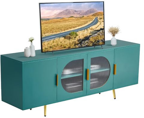 VEVOR TV-Ständer für Fernseher bis zu 75 Zoll, TV Tisch mit Glastüren, TV-Schrank mit goldenen Beinen & verstellbaren Regalen, Konsolentisch Fernsehschrank für Wohnzimmer Schlafzimmer, Grün