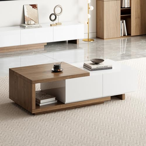 Homary Table Basse Extensible 120-175 cm avec 2 Tiroirs | Extension 120-175 cm, 2 Tiroirs de Rangement, Finition Noyer et Blanc, Plateau Modulable, Idéal Petits Salons