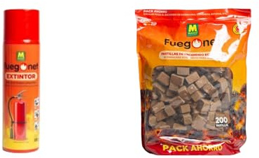 Pack Fuego: Pastillas de Encendido ecológica 200 Unidades + Extintor 500gr para casa y Coche. Facil de Usar. Sin Olor. Ideal para chimeneas, barbacoas, Estufas...