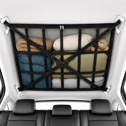 Car Ceiling Cargo Net, 90cm x 65cm Upgraded Anti-Sag Roof Storage Organiser | with Zipper & Adjustable X-Straps, Double Layer Mesh Pocket Interior Accessories for SUV, MPV, Campervan Road Trips