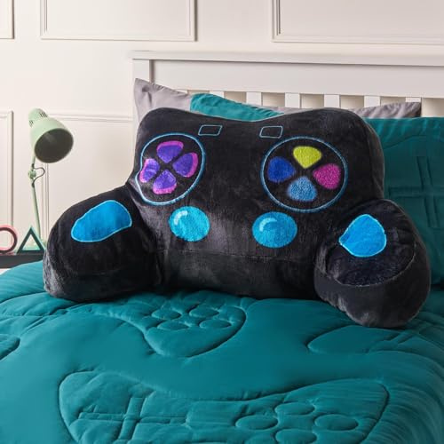 OHS Gaming Controller Cuddle Cushion for Kids, Comfy Reading Pillow Super Soft Teddy Fleece Back Support Pillow with Arms Gaming Cushions for Boys, Black - 82 x 54 x 34cm