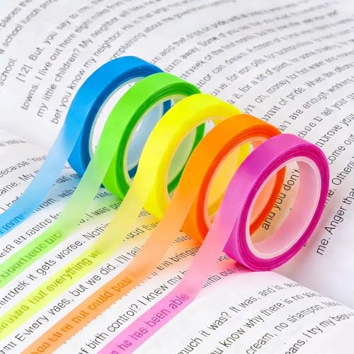 KNUIUYY 10 Rotoli Nastro Evidenziatore Rimovibilie, 6 mm x 5 m Colorato Trasparente Adesivo Fluorescente Marcatura Evidenziatori Rimovibili per Studenti Insegnanti Lettura