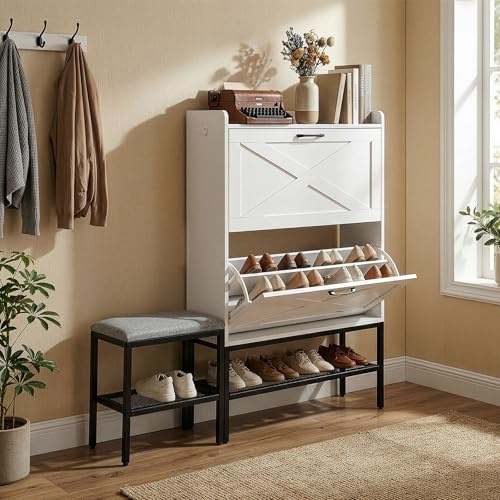 Bonnlo White Barn Door Shoe Cabinet with Bench, 120cm Slim Hallway Storage Unit with Flip-Down Doors & Soft Seat