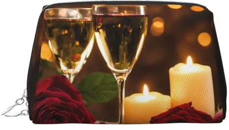 Kulturbeutel aus hochwertigem Leder mit roter Rose und Wein, romantischer Lovers-Druck, wasserdicht, tragbar, offen, flach, Make-up-Tasche, silber, Eine Größe