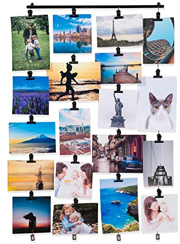 Zum Aufhängen Bild Display Foto Halter mit Saiten und 20 Magnet Clips Metall Schwarz