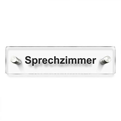 Türschilder24 Wandschild/Türschild • Sprechzimmer - Praxisschild • 200 x 50mm. Schild besteht aus hochtransparentem 3mm Acrylglas. Inkl. 2 x Abstandshalter aus V2A Edelstahl