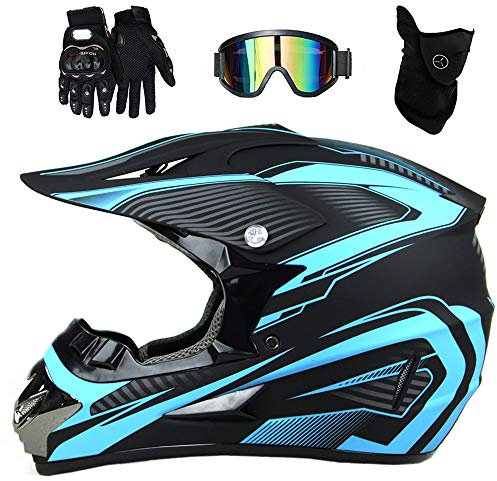 PKFG Mopedhelm Motocross Helm Herren, Serie HM-716 Motorradhelm Set Damen Fullface Motorrad DH Cross Offroad Enduro Quad Mountainbike Helme mit Visier Brille Handschuhe Maske,BlueWhitePurpleXL