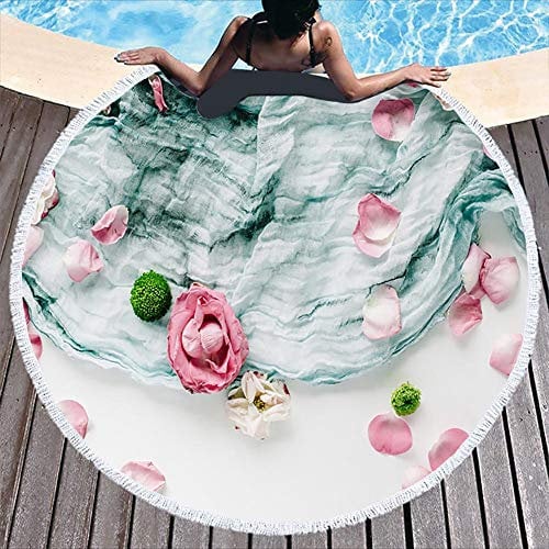 Serviette de Plage Ronde en Tissu Bleu et Motif pétales Roses - Tapis de Plage avec Pompons - Ultra Doux - Super Absorbant - Serviette Multifonction - 150 cm de diamètre