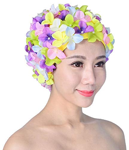 Cuffia da nuoto da donna, stile rétro, traspirante, con fiori, cuffia da bagno, Multicolore, Taglia unica