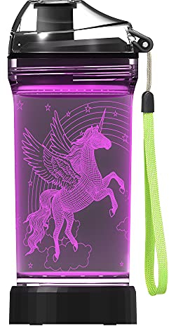 Kinder Wasserflasche mit 3D leuchtenden Einhorn Illusion LED Licht - 14 0z - Kreative Idee Geschenk Kind Enkelin Urlaub