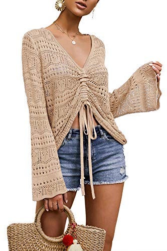 FERBIA Damen Häkeltop Strandtuch Kordelzug Hemd Cover Up Oversized Sexy Beachwear Schnürung Tee Poncho, aprikose, S