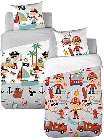 CÔTE DECO Bettwäsche für Kinder, wendbar, Feuerwehrmann und Pirat, Bettbezug 140 x 200 cm + 1 Kissenbezug 63 x 63 cm, 100% Bio-Baumwolle