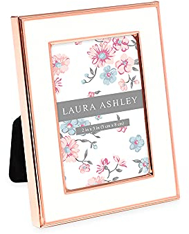 Laura Ashley 2x3 White Enamel Picture Frame, Rose Gold Metal Edge with Easel, for Countertop, Counterspace, Tabletop Display, Bookshelf, Desk, Wall Décor, Photo Gallery (2x3, White W/ Rose Gold)
