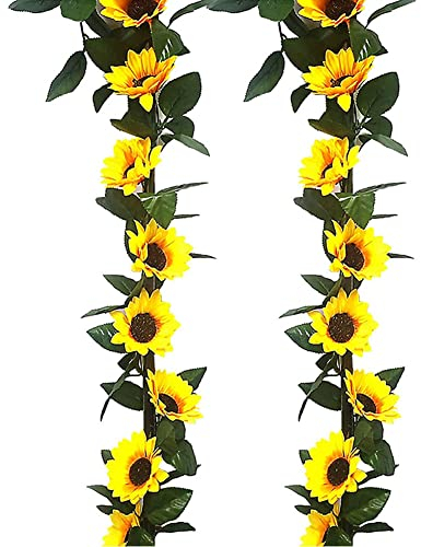 Künstliche Sonnenblumengirlande, Seide, Sonnenblumen, Ranken, gelbe Blumen, grüne Blätter, Stoff, Blumenkopf, künstliche Sonnenblumen für Hochzeit, Tisch, Babyparty, Party, Garten, Dekoration, 2 Stück