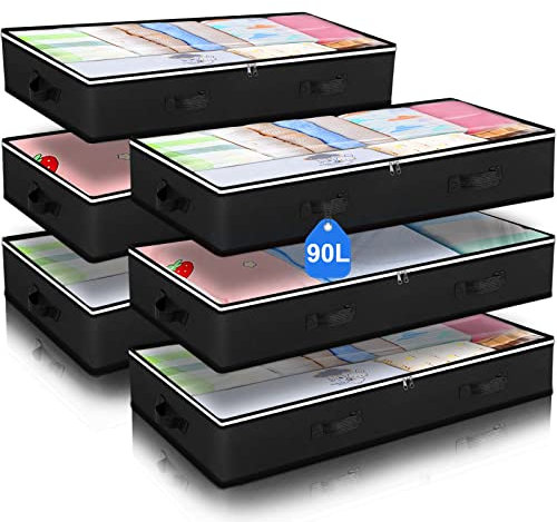 Budding Joy 6 Pack Underbed Storage, 90L Large Under Bed Storage Box with Lid, Clothes Storage Bags with Clear Window and Reinforced Handles for Blanket, Clothes, Comforters, Black