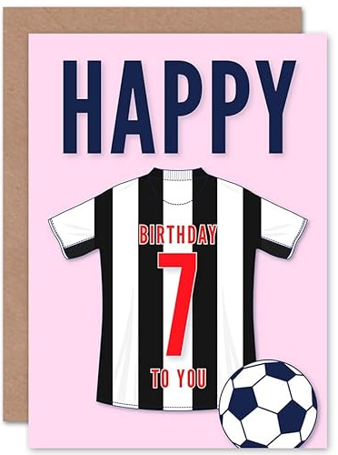 Artery8 Soccer Football 7th Birthday Card for Boys Girls Black White Striped Jersey Football Top on Pink Background