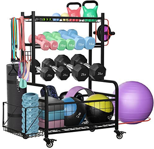 Gewichtsständer für Kurzhanteln, Hantelablage Home Gym Aufbewahrungsständer für Yogamatte Kugelhanteln und Krafttraining Fitnessgeräte, Gewichtshalter Rack für Hanteln mit Rollen