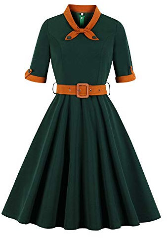 Vintage Dress for Women 1940s, Short Sleeve A-line Vintage Dress Fit and Flared Cocktail Dress Retro Bow Tie Swing Dresses with Belt for Wedding Guest Summer Holiday Tea Party Green+Orange XXL