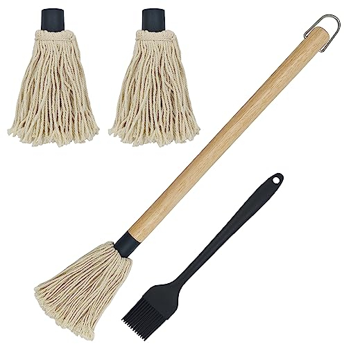 45,7 cm BBQ Basting Mop Pinsel mit 2 extra Ersatz-Baumwollköpfen und Silikon-Grillbürste, Holzgriff mit langem Griff, Grillpinsel zum Braten oder Grillen im Freien, Grillen, Rauchen, Steak