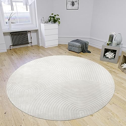Hanse Home Faron Teppich Wohnzimmer Rund – Kurzflor (Höhe: 3mm) Wohnzimmerteppich Skandinavisches Boho Muster 3D Effekt Geometrisch Modern für Schlafzimmer, Esszimmer, Kinderzimmer – Creme, 160cm