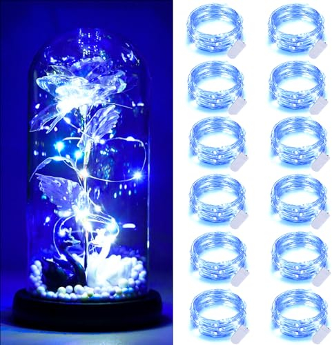 Dufuso 12 x 20er LED Lichterkette Batterie Dekoration für Weihnachts, Mini Romantisch led lichterkette mit batterie CR2032, 2M Kupfer Drahtlichterkette Wasserdichte für Party, Hochzeit DIY Deko(Blau)