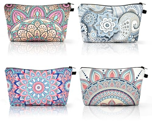 Aucuu Kosmetiktasche Segeltuch, 4 Stück Kleine Kosmetiktasche, Reise Kosmetiktasche, Tragbare Kulturbeutel, Multifunktionale Makeup Tasche mit Reißverschluss, Kosmetikzubehör-Organizer, Mandala-Druck