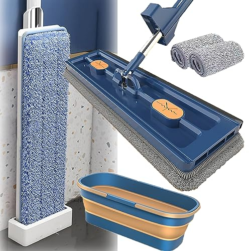 UIRPK Homezo Mop,Homezo Self Wringing Mop,Homezo Self Wringing Magic Mop,Large Flat Mop,Roseionly Large Flat Mop,Effortless Cleaning Magic Self-Wringing Mop (Blue Flat Mop + Bucket)