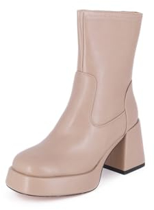 QUEEN HELENA Stivaletti con Plateau Stivali con Tacco Largo Donna K3231 (Khaki Pu, 39)