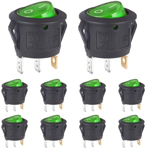 VEXUNGA Interruptor Basculante Redondo 6A 250VAC 10A 125VAC 2Posiciones 3Pines Interruptores Conmutador Palanca ON/OFF Luz Verde para Coche Moto Electrodomésticos (10 Piezas)