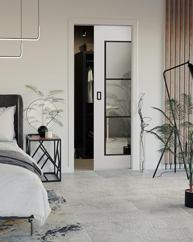 KIER FURNITURE Schiebetüren Evo Hugo Innen - Wandschiebetür - Toranlage aus Verzinktem Stahl - Universal Links und Rechts - Laminierte Spanplatte + Kassette und Rahmen 80cm, Weiß