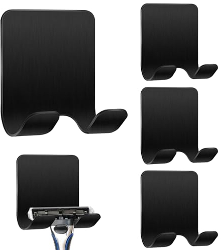 Herbst 4 Stück Rasierer Halterung Dusche, Edelstahl Rasierhalter Dusche Ohne Bohren Selbstklebende Rasierer Halter, Zahnbürstenhalter Klebehaken Wandhaken für Tür Wand Küche Badezimmer(Schwarz)