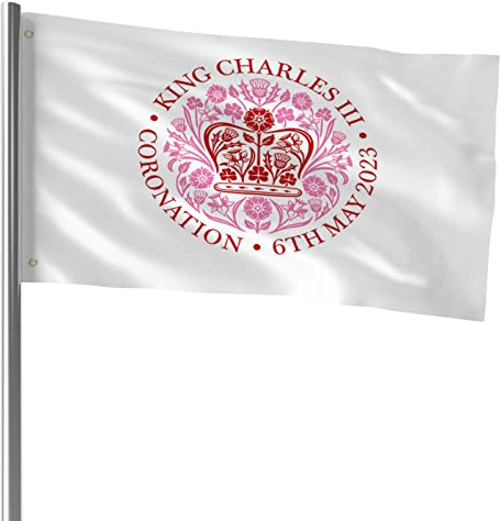 Aeutwekm Krönungsbanner Karls III., Krönungsflagge König Karls | 3 x 5 Fuß Charles III Krönungsflagge Britische Königsflagge | Hängendes dekoratives Wandbanner für Bauernhaus-Außendekorationen, für