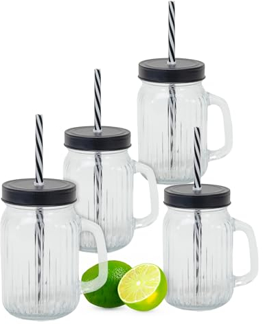 Spetebo Trinkglas 450 ml mit Deckel und Strohhalm - 4er Set - Trink Becher mit Henkel - Deckel Trink Cocktail Glas für Wasser Saft Limonade Longdrinks