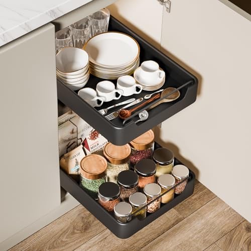 Avmvnvc Tiroir Coulissant Cuisine, Panier Coulissant pour Placard de Cuisine, Telescopique Tiroir Cuisine sans Perçage, 1 Unité Rangement de Cuisine Coulissant (Noir, 42 cm x 30 cm x 6 cm)