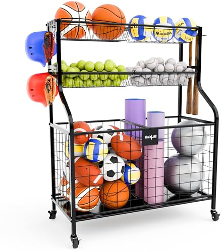 Yes4All Garage Sportgeräte Organizer, Garage Ball Lagerung, Rolling Ball Lagerung für den Innen- und Außenbereich, Stahl, Schwarz