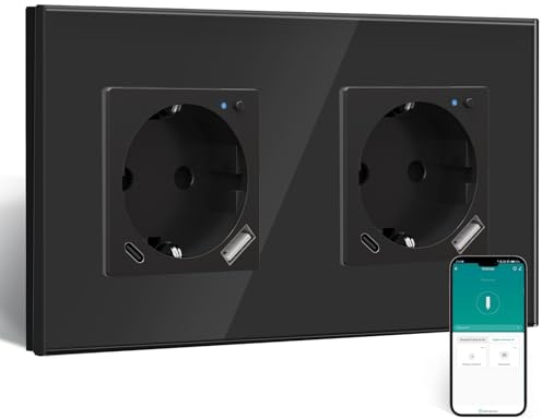 BSEED ZigBee Steckdose mit USB C 20W Schnellladegerät mit Verbrauchsmessung,WLAN Doppelsteckdose Unterputz für Alexa/Google Home,Smart Steckdose mit Strommessung 16A,2 Fach Schwarz(Gateway Hub Bedarf)