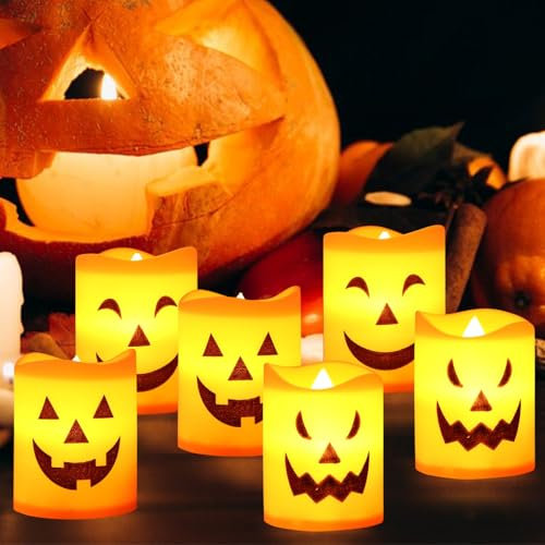 Shinybox LED Halloween Deko Kerzenlichter, 6 Stück Halloween Kürbis Lichter, LED Kerzen Kürbis Licht Batteriebetriebene, Halloween Deko Licht, Halloween Dekorationen für Innen Außen