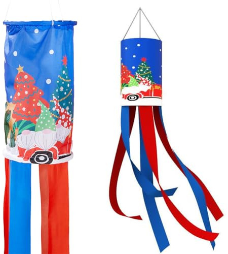 GORGECRAFT 51 Zoll Windsack Flagge Mit Weihnachtsmotiv Weihnachtsmann Baum Luftschlangen Flaggen 3D Blau Polyester Winter Windsack Hängende Dekoration Für Den Außenbereich Für Garten Hof Terrasse