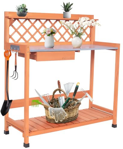 PetalPine Outdoor Potting Bench & Wooden Gardening Work Station Planting Table with Metal Tabletop, Drawer, Storage, and Hooks