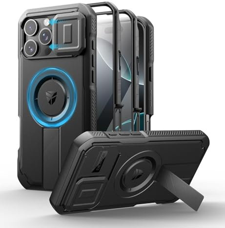 Dexnor for iPhone 16 Pro Max Magnetic Case With Slide Camera Cover & Adjustable Kickstand & Built-in Screen Protector, Rugged Shockproof Bumper Cases Heavy-duty Cover - Night Black