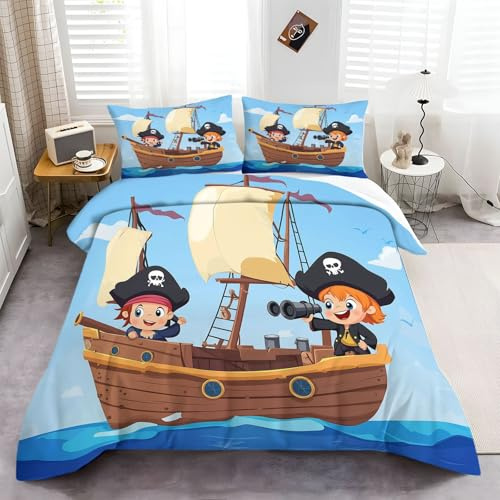 CozyRest Bettbezug Set 3teilig 135x200 cm, Cartoon-Piratenkinder Farbecht Bettwäsche-Set Mädchen Junge Kinder Deluxe Weiche Bettbezug mit Reißverschluss und Kissenbezüge