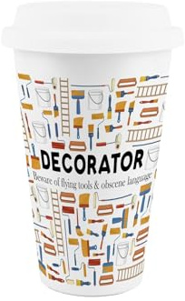 Purely Home Decorator Ceramic Travel Mug - Humorous Painting & Decorating Novelty Gifts/Presents - Reusable Silicone Lid Double-Walled Insulated Hot/Cold Drinks Flask Cup