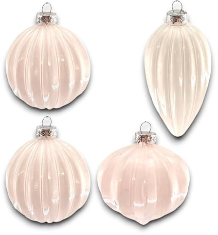 Set di 4 Palline per Albero di Natale in Vetro Soffiato da 8 cm, a goccia esagonali Brillanti, 2 Colori (Bianco e Rosso), appendino per Albero, Sfere artigianali Natalizie Raffinate (Bianco, 8 Cm)