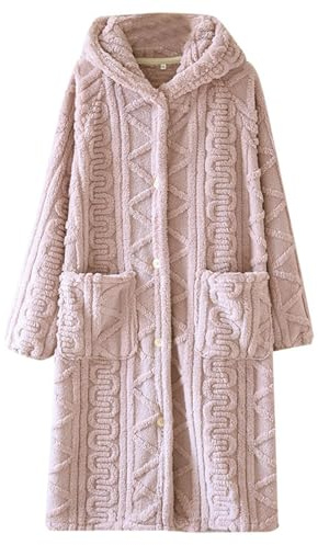 ANHATUIV - Vestaglia da donna in pile, accappatoio con cappuccio e tasche, maglione a coste, accappatoi, abbottonatura, pigiama, inverno, comodo, biancheria da notte, in morbido tessuto felpato