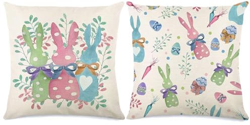 2 Stück Ostern Kissenbezug Hase, Dekorative Kissenbezüge Ostern, Leinen Kissenhülle Hase Kissenbezug Ostern 45 x 45 cm, Ostern Kissenhüllen Hase für Couch Schlafzimmer Wohnzimmer Garten Zuhause Deko