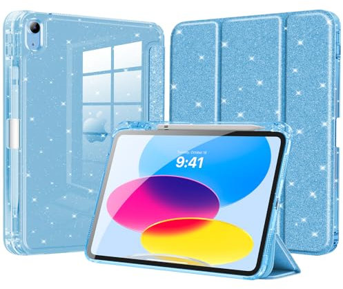 MoKo Custodia per iPad (A16) 11a Gen 11 2025/10a Gen 10,9 2022, Custodia Scintillante con Portapenne, Cover Sottile con Glitter Guscio Posteriore Trasparente, Auto Sveglia/Sonno,Blu Cielo Glitterato